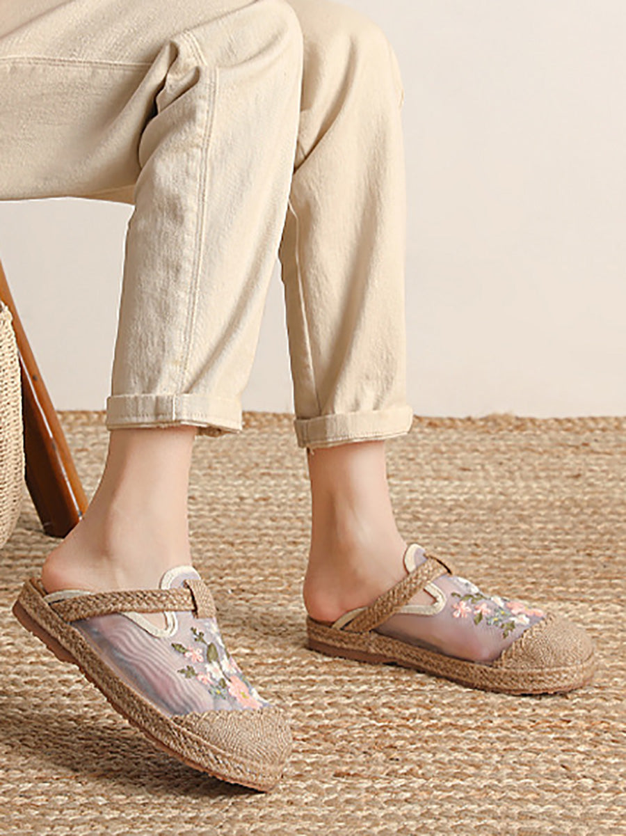 Women Ethnic Summer Flower Embroidery Cloth Flat Slippers