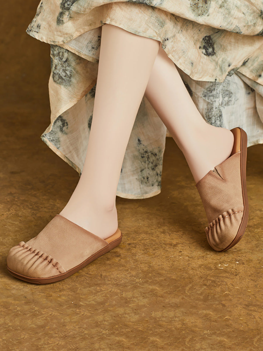 Women Casual Summer Pleated Genuine Leather Slippers