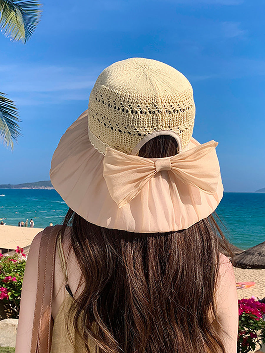 Women Summer Knitted Bowknot Spliced Sunproof Hat
