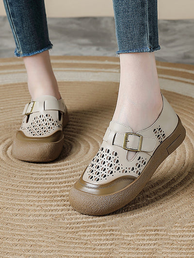 Women Summer Pure Color Leather Flat Shoes