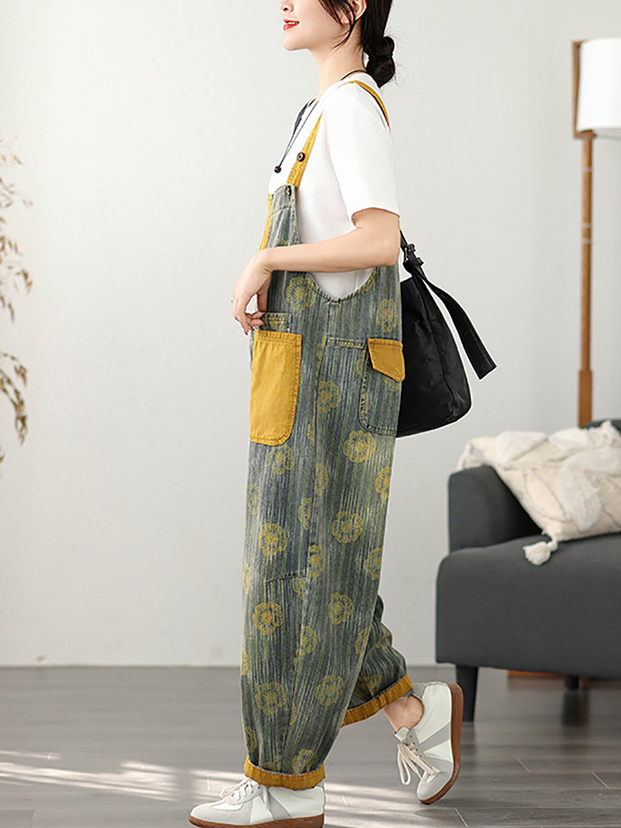 Women Summer Fashion Flower Stripe Denim Jumpsuits