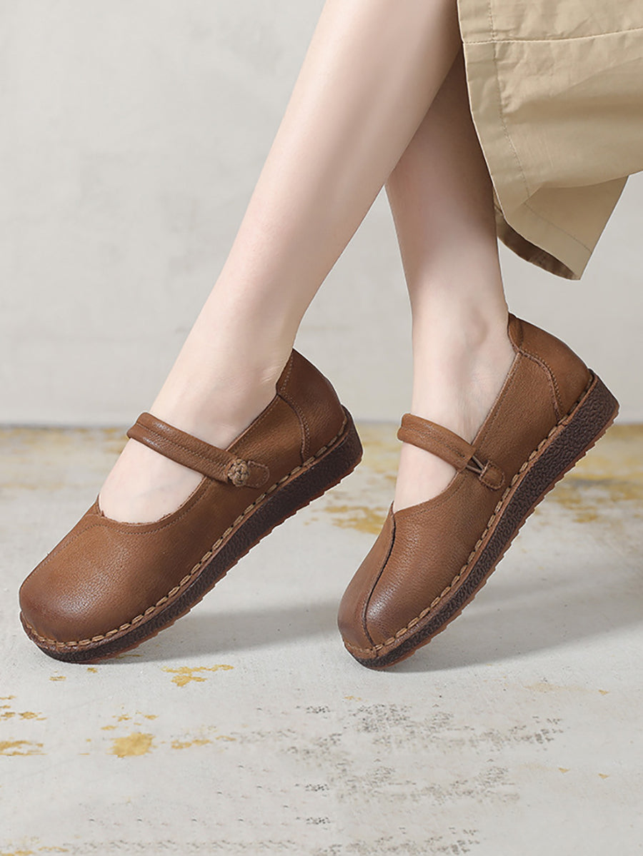 Women Vintage Leather Spliced Low Heel Flat Shoes