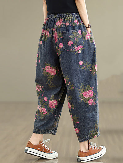 Women Casual Summer Flower Denim Harem Pants
