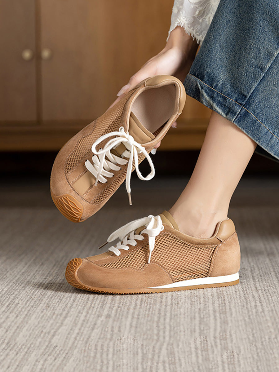 Women Summer Vintage Leather Spliced Mesh Shoes