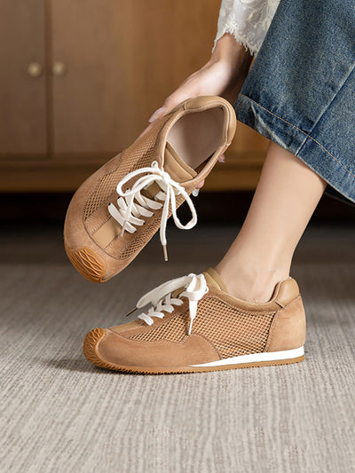 Women Summer Vintage Leather Spliced Mesh Shoes
