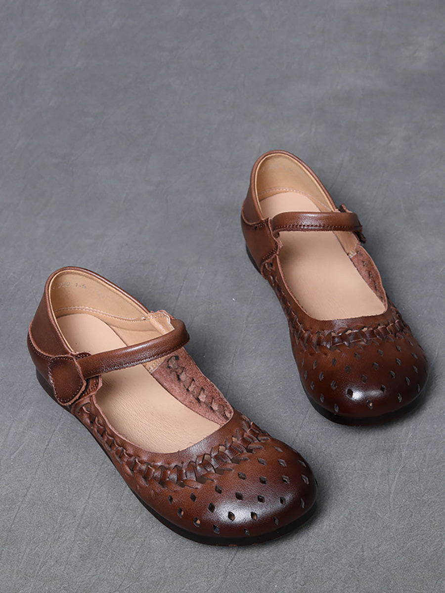 Women Vintage Leather Hollow Out Low Heel Shoes
