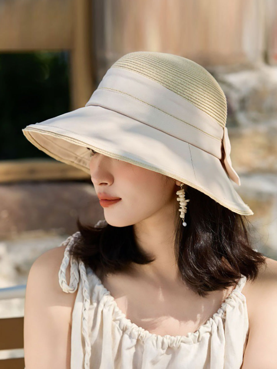 Women Casual Straw Spliced Bowknot Sunproof Hat