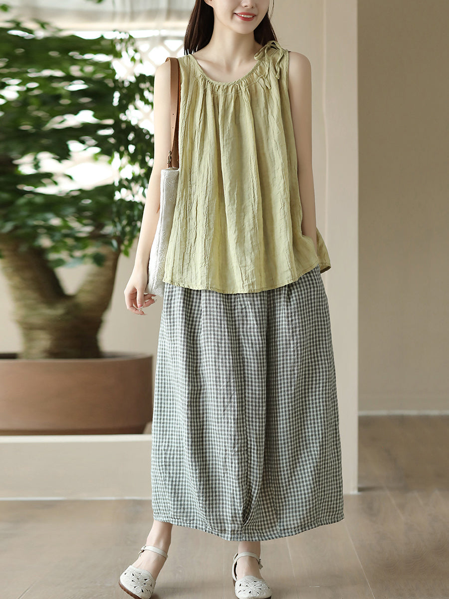 Plus Size Women Retro Solid Loose Drawstring Ramie Vest