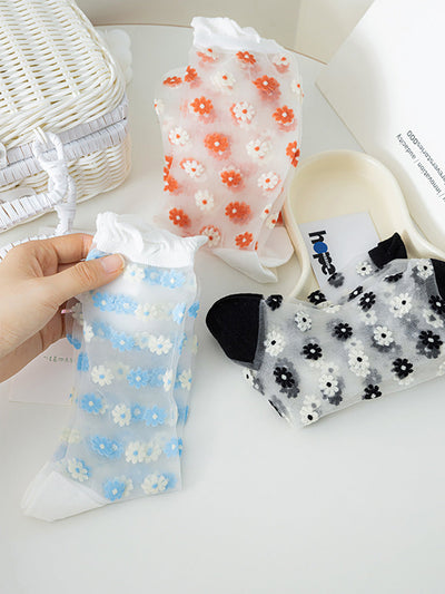 3 Pairs Women Artsy Summer Flower Thin Socks