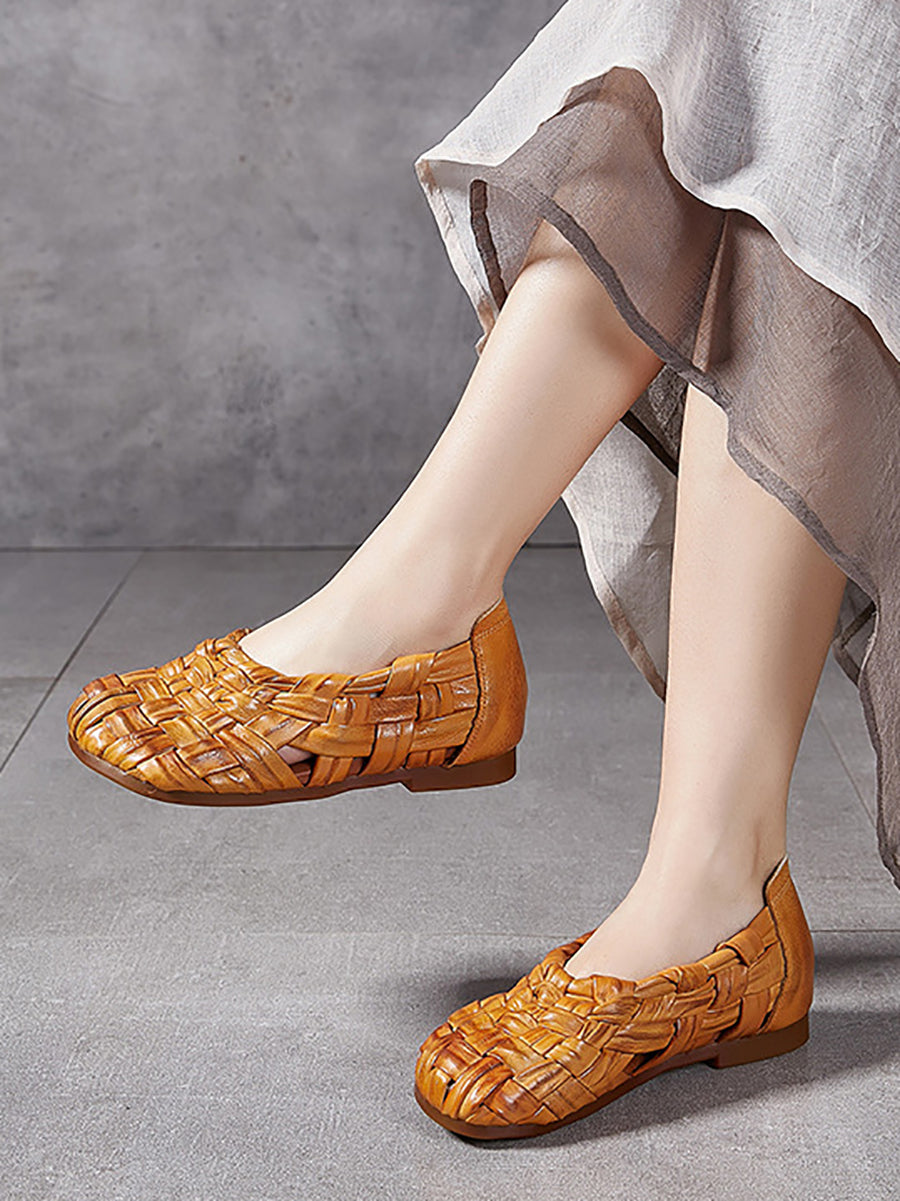 Women Summer Casual Leather Weave Low Heel Shoes