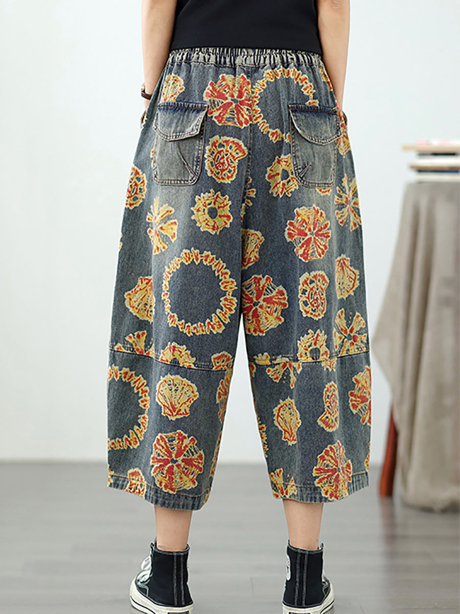 Women Retro Flower Denim Straight Capri Pants