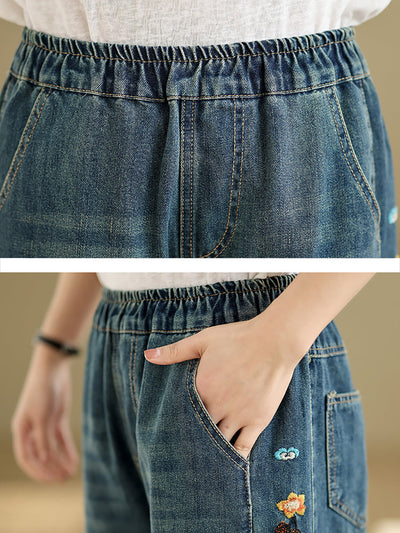 Women Retro Embroidery Denim Wide-leg Pants
