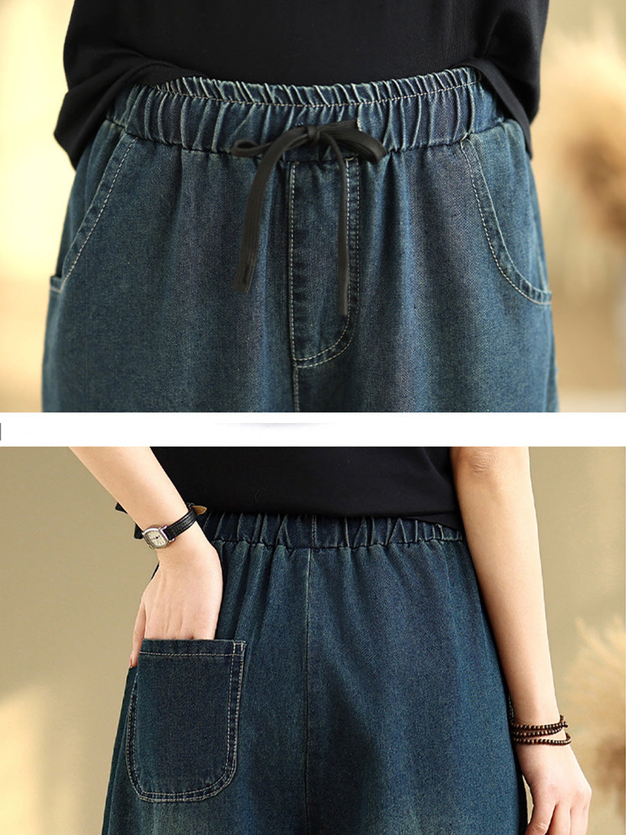 Women Casual Pure Color Denim Spliced Straight Pants