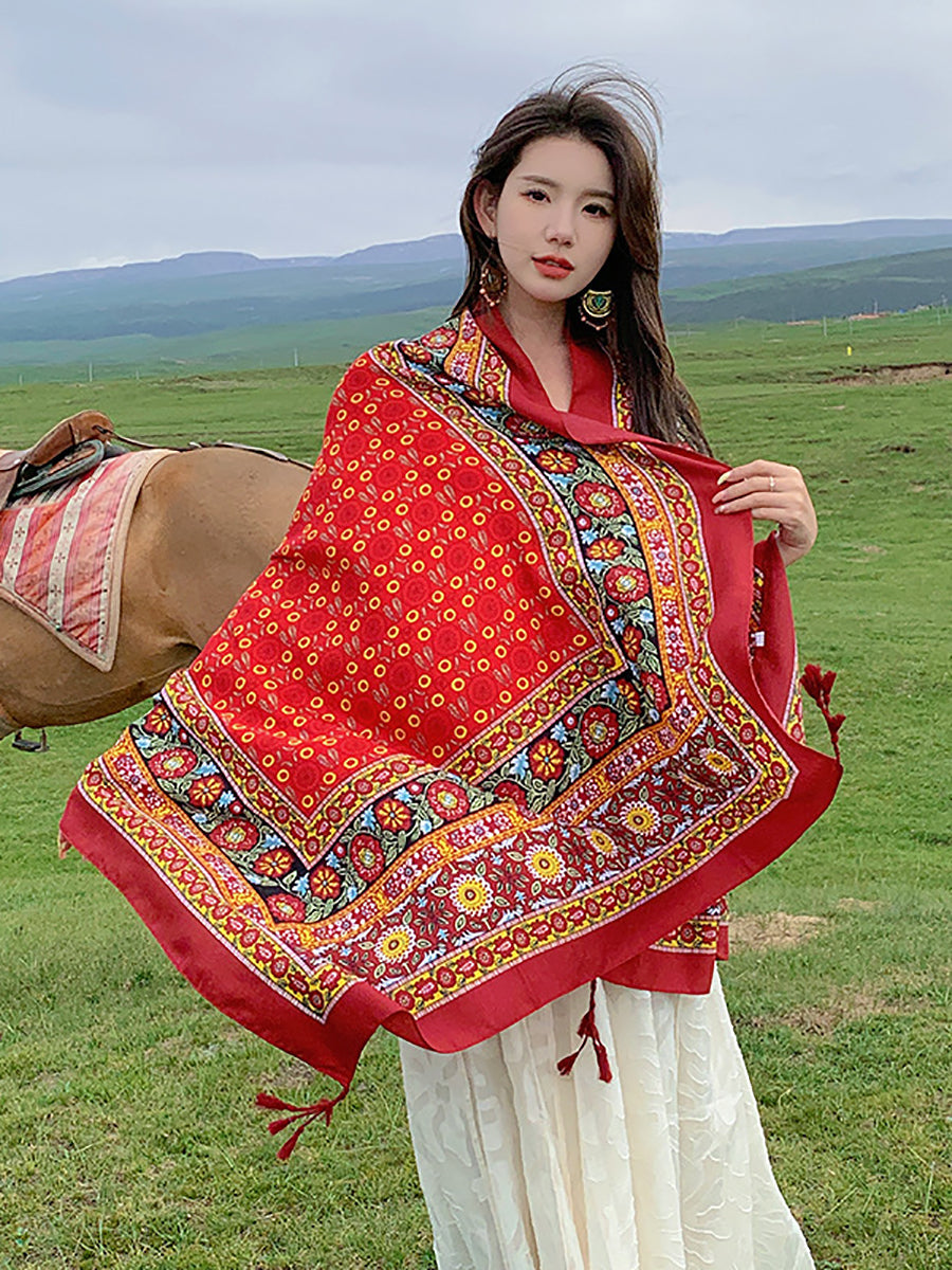 Women Ethnic Print Tassel Shawl Scarf