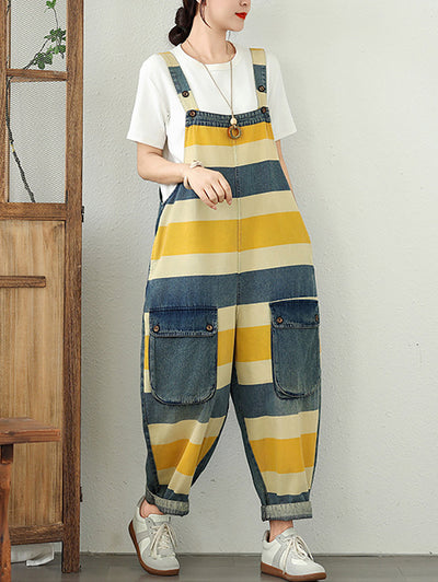 Women Summer Colorblock Stripe Denim Loose Jumpsuits