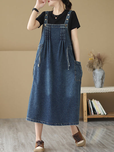 Plus Size Women Summer Retro Pleat Drawstring Pocket Denim Dress