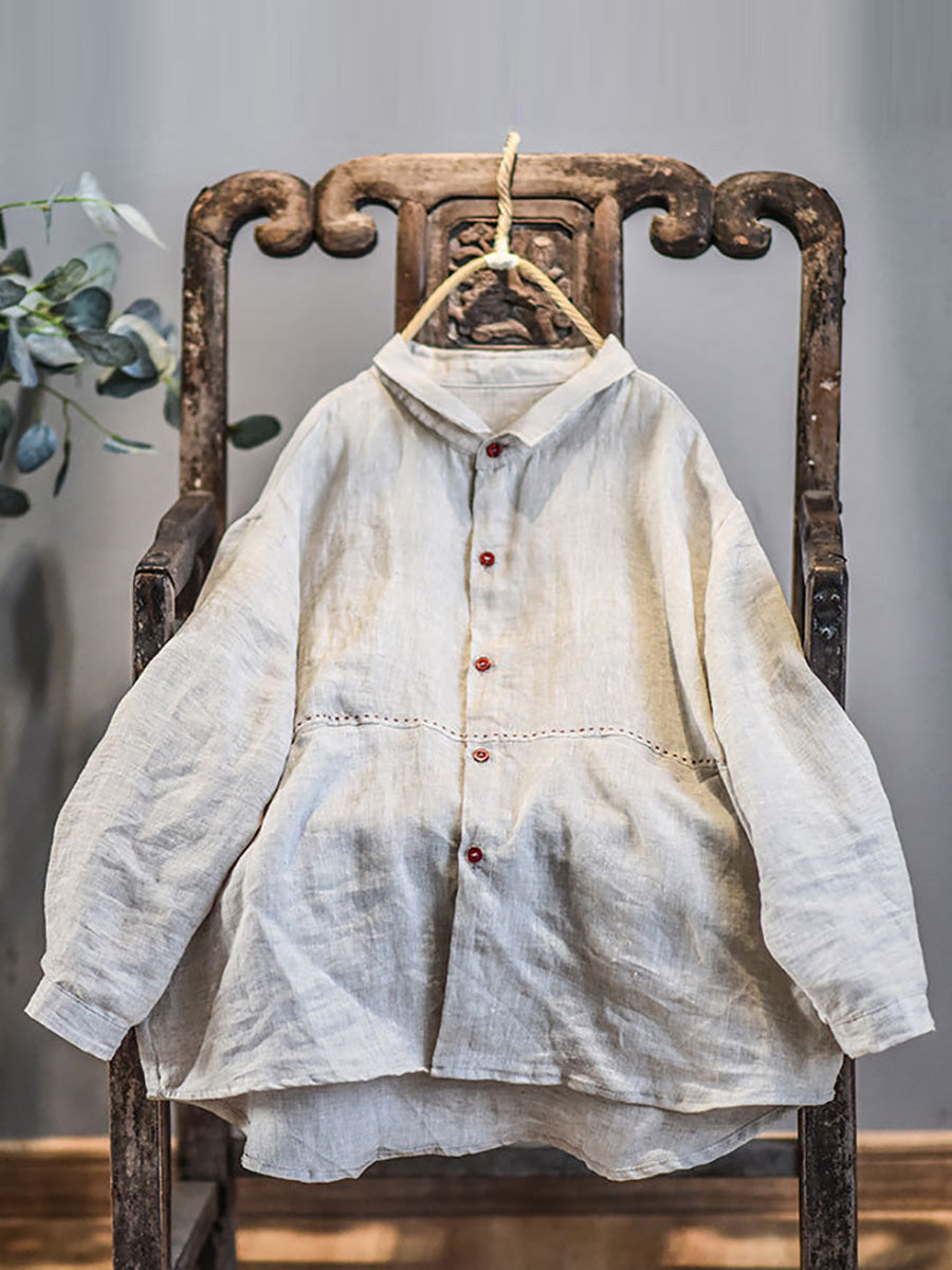 Plus Size Women Casual Solid Spring Stitching Linen Shirt