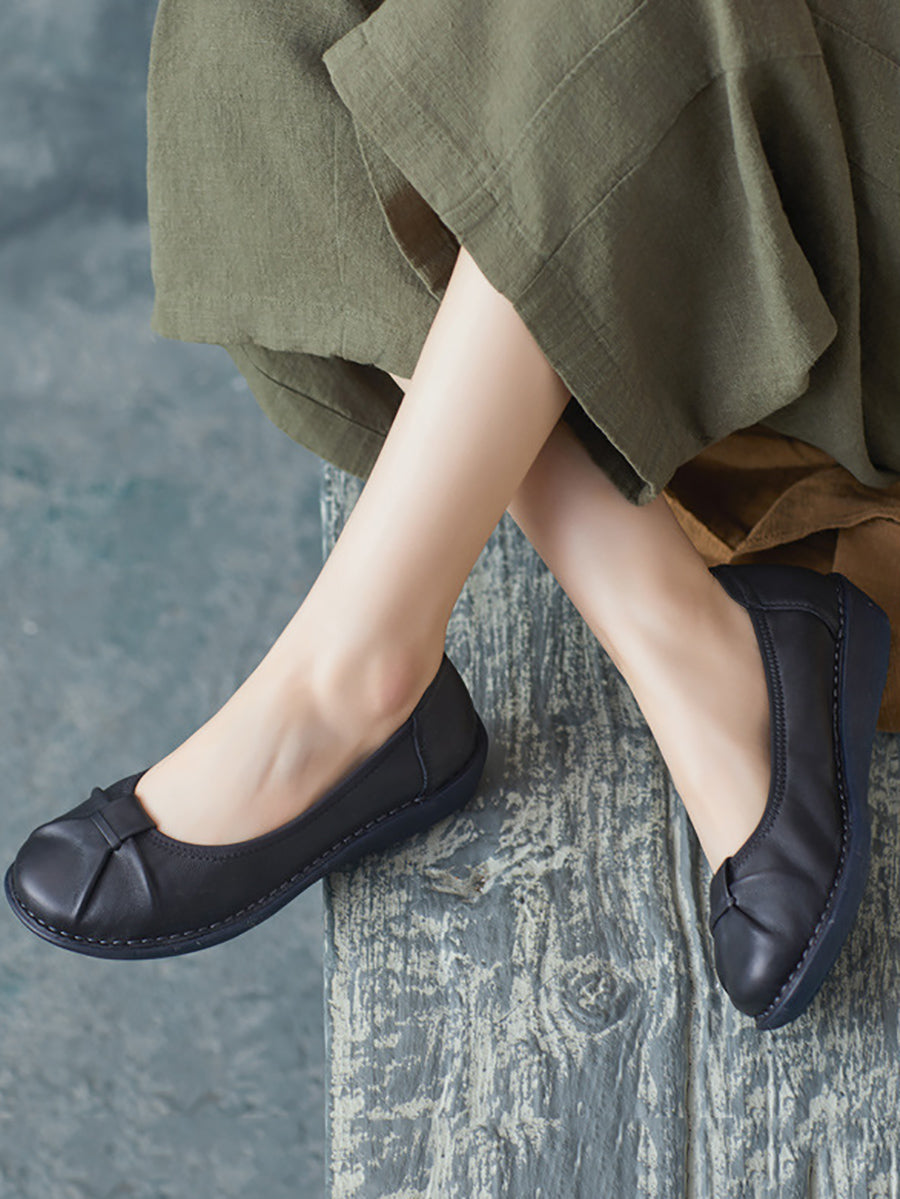Women Ethnic Pure Color Genuine Leather Low Heel Shoes