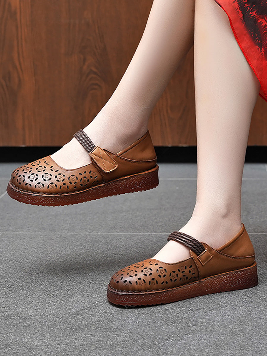 Women Rtro Genuine Leather Hollow Out Low Heel Shoes