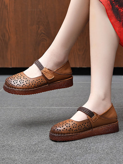Women Rtro Genuine Leather Hollow Out Low Heel Shoes