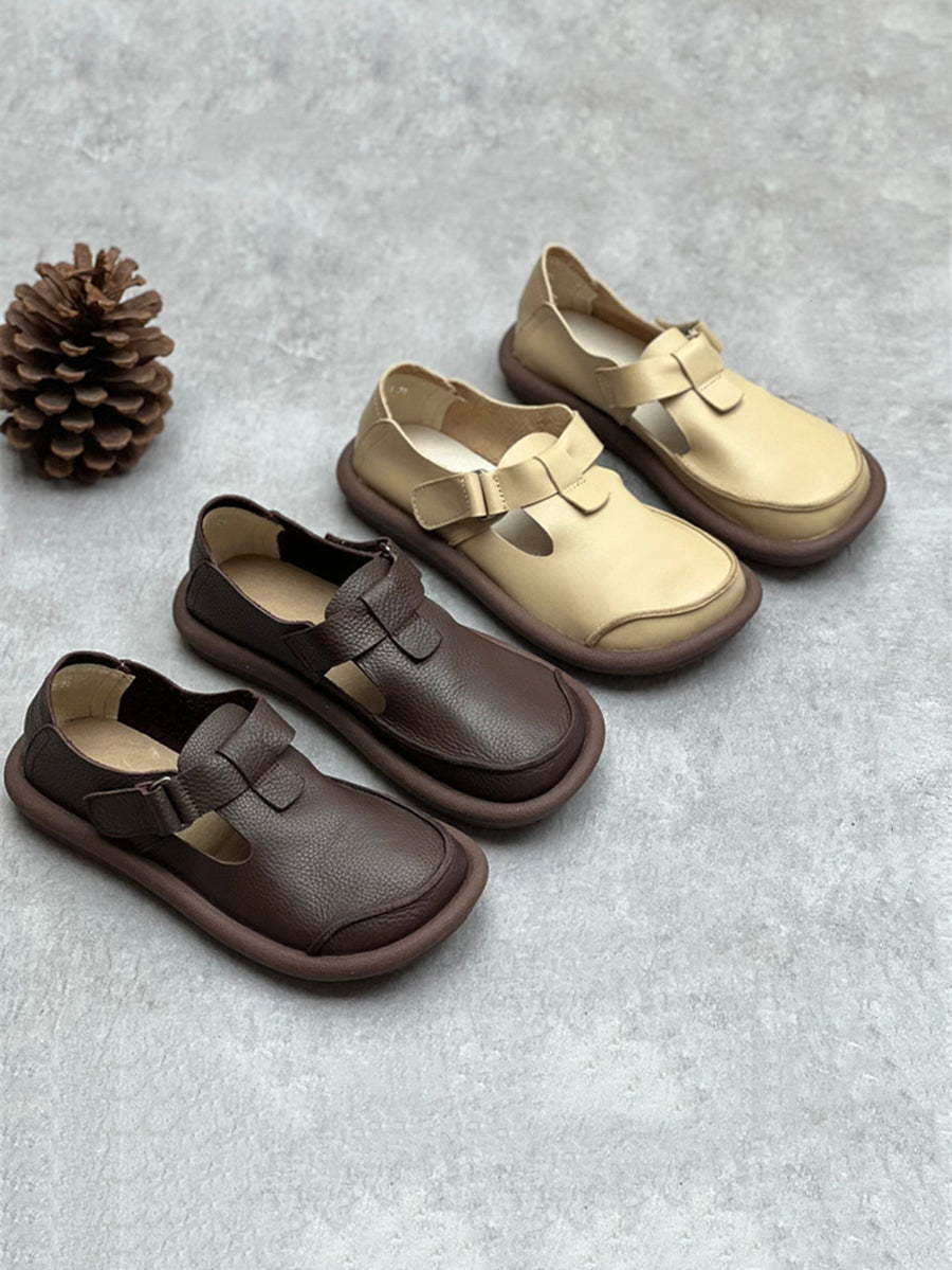 Women England Style Soft Leather Solid Flat Shoes