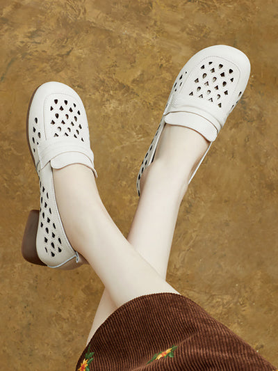 Women Summer Leather Hollow Out Mid Heel Shoes