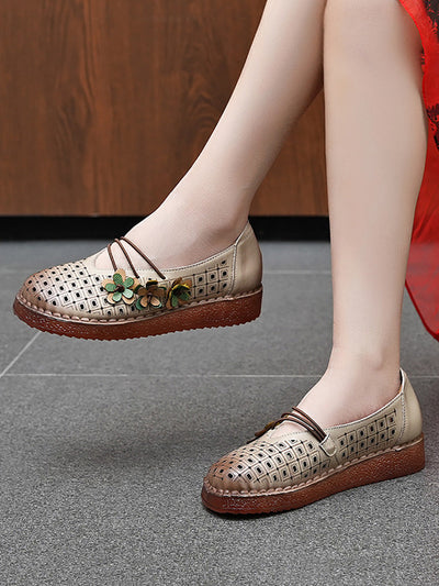 Women Summer Leather Flower Spliced Low Heel Shoes