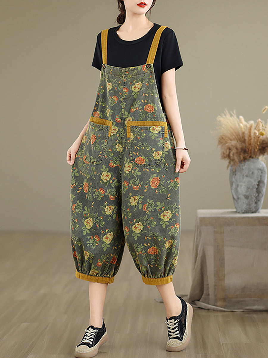 Women Summer Flower Denim Cropped Jumpsuits