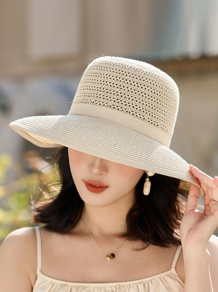 Women Summer Bowknot Straw Weave Sunproof Hat