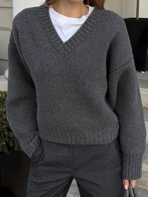 Long Sleeves Loose Ribs Solid Color V-Neck Sweater Tops