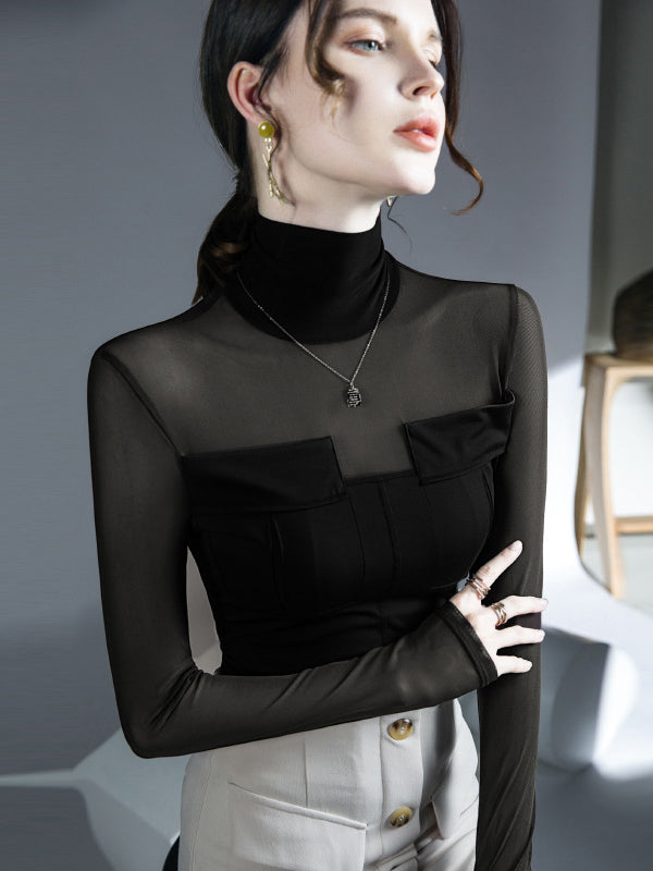Long Sleeves Skinny See-Through Solid Color Split-Joint High Neck Blouses&Shirts Tops