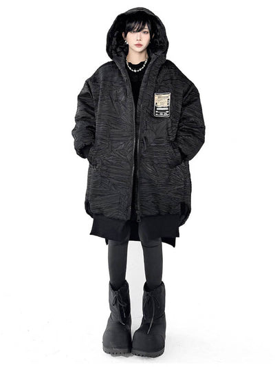 High-Low Irregularity Abstract Printed Contrast Color Split-Joint Zipper Hooded Outerwear Overcoat