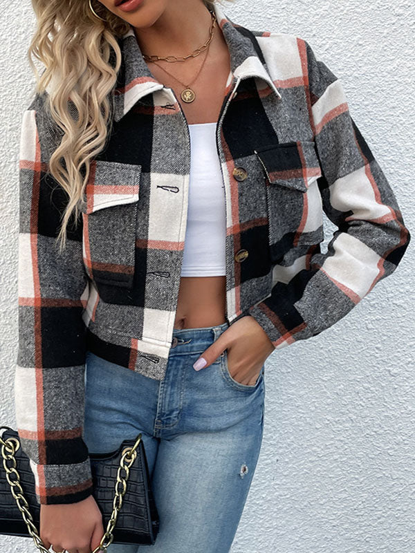 Long Sleeves Loose Buttoned Plaid Pockets Split-Joint Lapel Jackets Outerwear