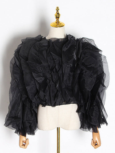 Long Sleeves Loose Lace-Up Solid Color Tiered Round-Neck Blouses&Shirts Tops