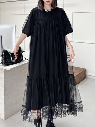 Fake Two-Piece Loose Gauze Pleated Solid Color Split-Joint Tiered Round-Neck Midi Dresses