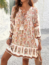 A-Line Loose Contrast Color Drawstring Flower Print Pleated Split-Joint V-Neck Mini Dresses
