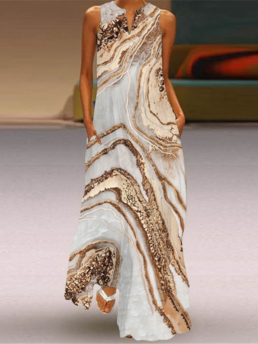 A-Line Loose Contrast Color Pockets Printed Split-Joint V-Neck Maxi Dresses