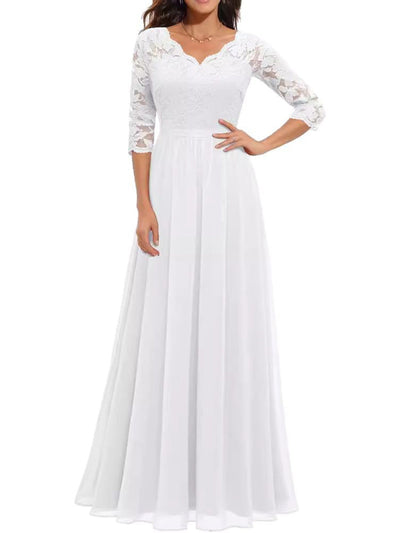 A-Line High Waisted Pleated See-Through Solid Color Split-Joint V-Neck Maxi Dresses