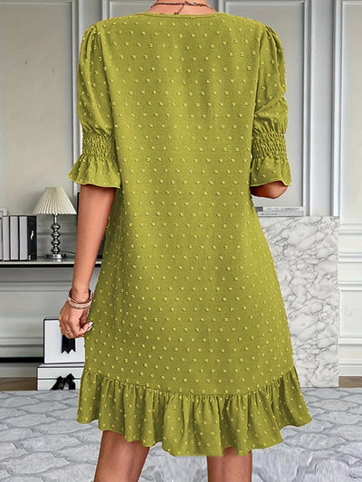 A-Line Flared Sleeves Elasticity Jacquard Pleated Solid Color Split-Joint V-Neck Mini Dresses