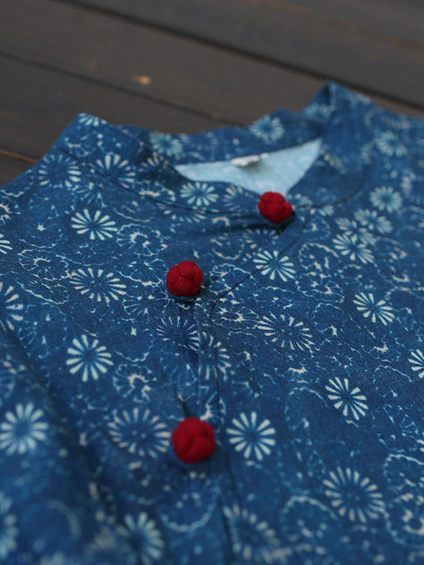 Original Solid Floral Stand Collar Midi Dress