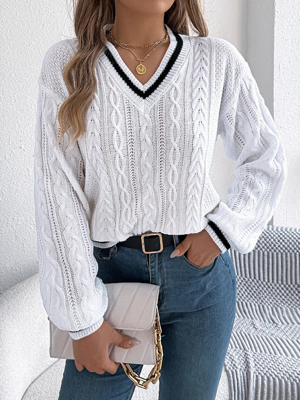 Long Sleeves Puff Sleeves Cable Knit Contrast Color Split-Joint V-Neck Knit Top Sweater Tops