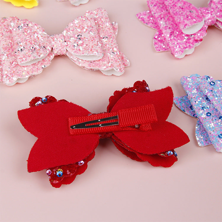girls three-tier bow-knot hairpin children's sequined bow-knot edging clip colored hair clips