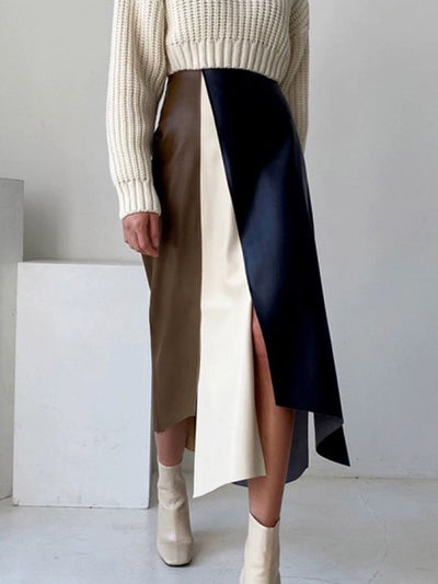 A-Line High Waisted Asymmetric Contrast Color Split-Front Skirts Bottoms