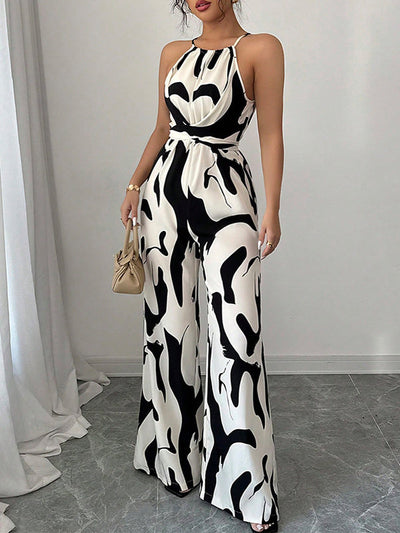 Loose Sleeveless Contrast Color Pleated Spaghetti-Neck Jumpsuits