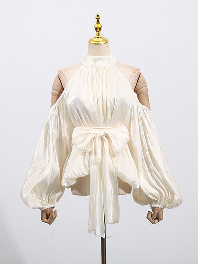 Long Sleeves Loose Pleated Solid Color Tied Halter-Neck Blouses&Shirts Tops