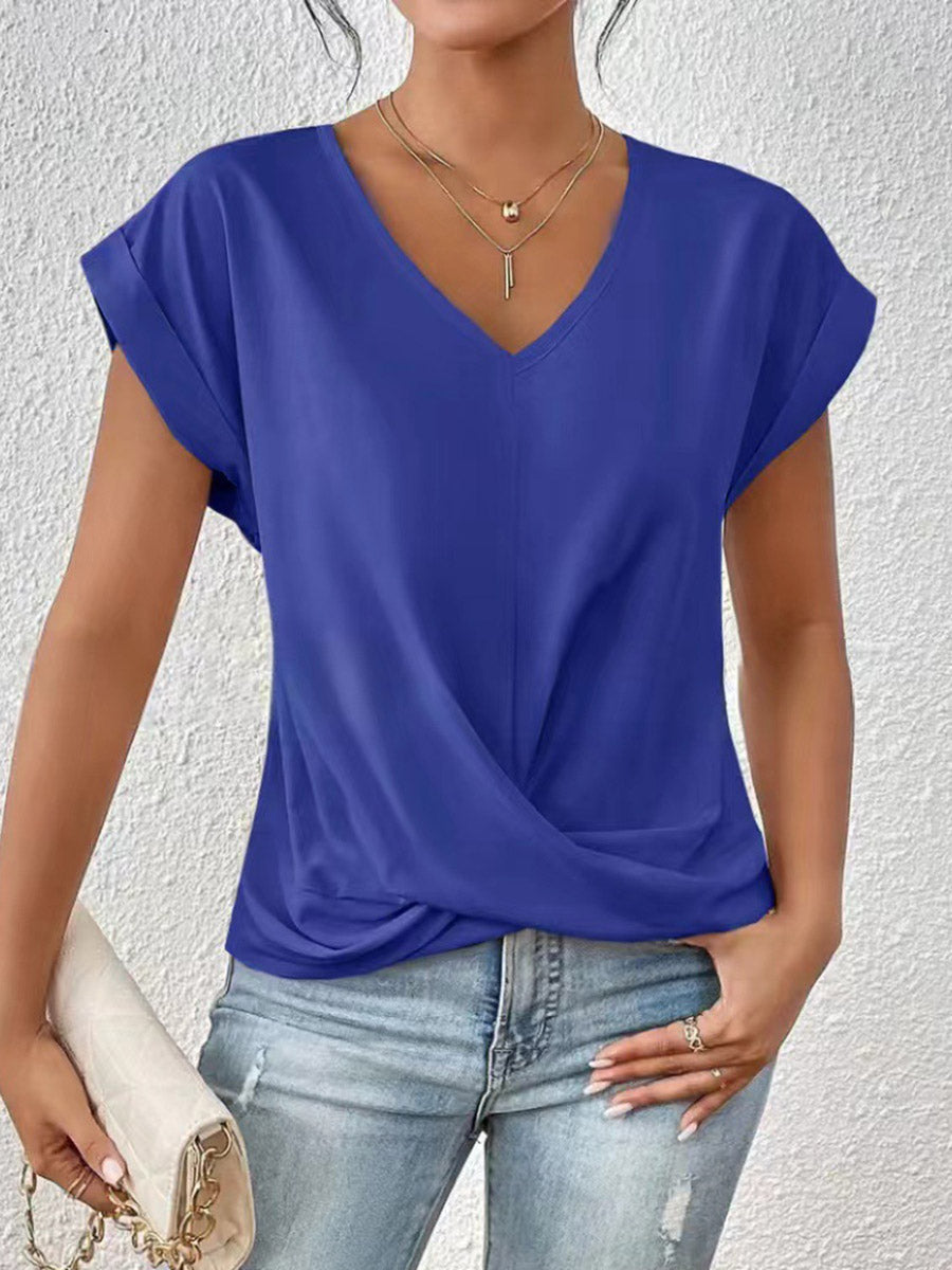 Loose Short Sleeves Pleated Solid Color V-Neck T-Shirts Tops