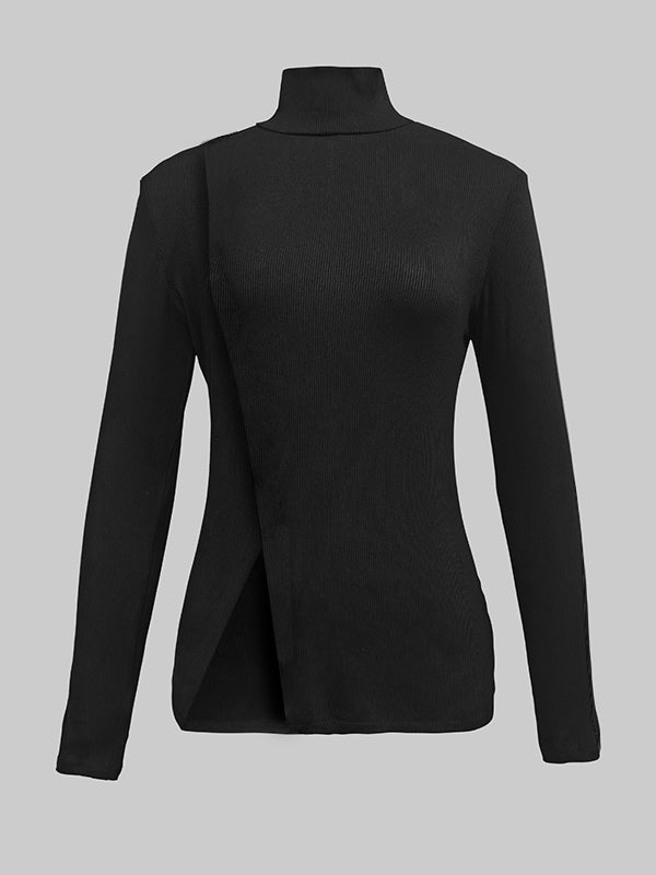 Skinny Solid Color Split-Joint High Neck T-shirts