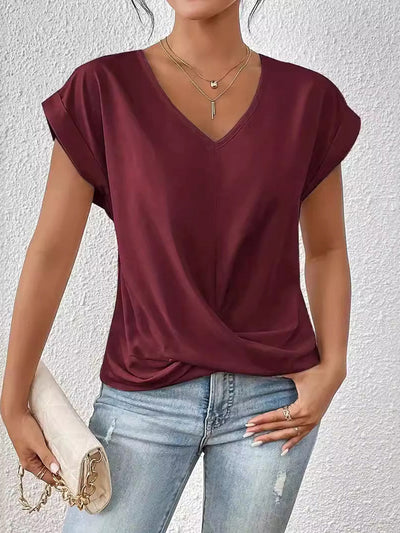 Loose Plus Size Pleated Solid Color V-Neck T-Shirts Tops