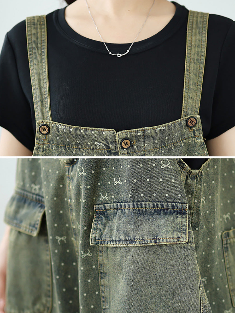 Women Summer Retro Print Denim Cropped Jumpsuits