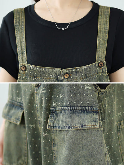 Women Summer Retro Print Denim Cropped Jumpsuits